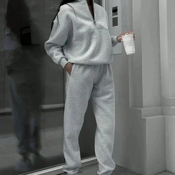 Grey Casual Women's Half Zipper Hoodie And Jogger Pants Two Piece Set - Picture 1 of 7